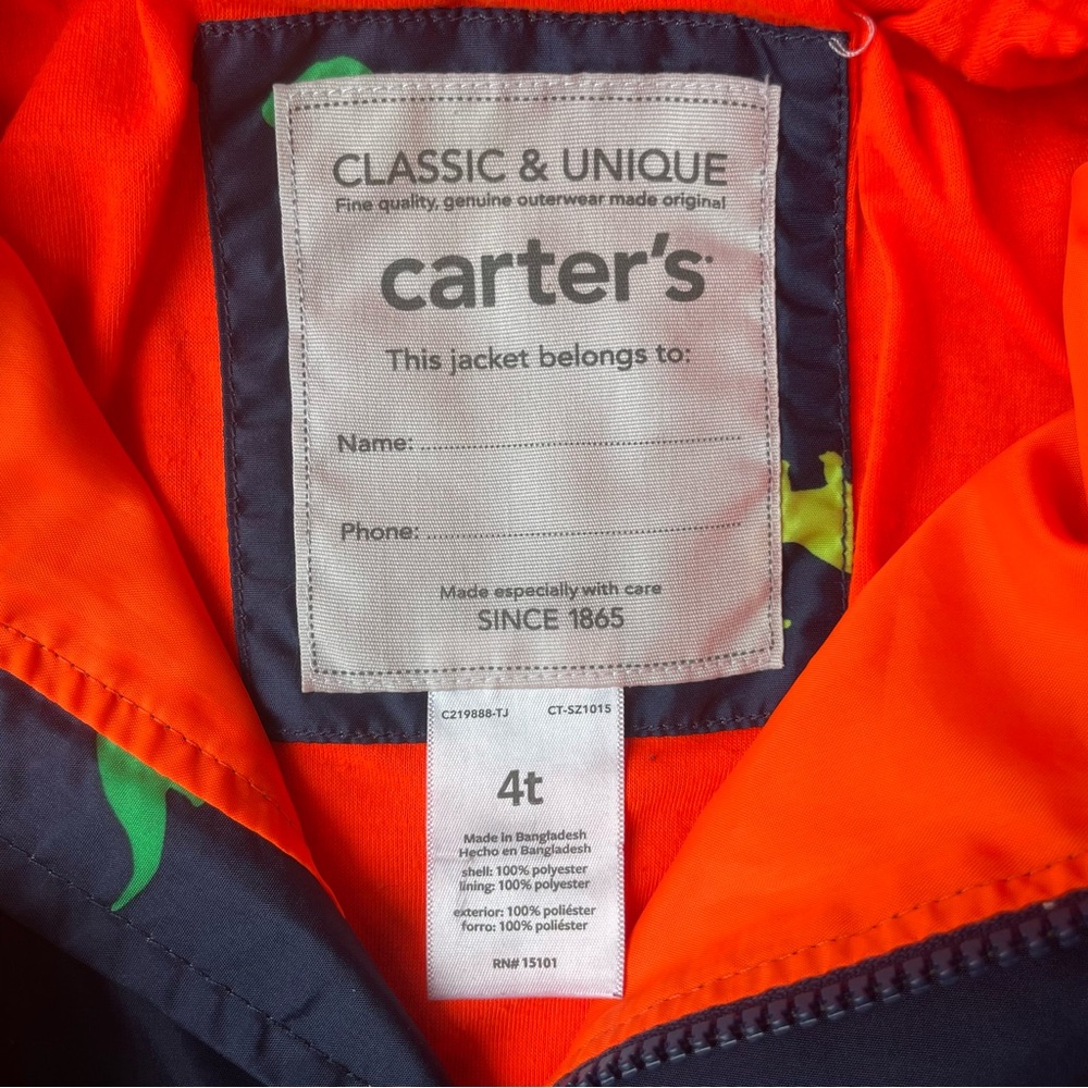 Carters Boys Dino Lined Rain Jacket Hooded Coat Size 4T Navy with Multi-colors - Picture 3 of 3